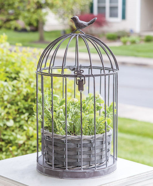 Graywash Metal Birdcage with Basket Planter